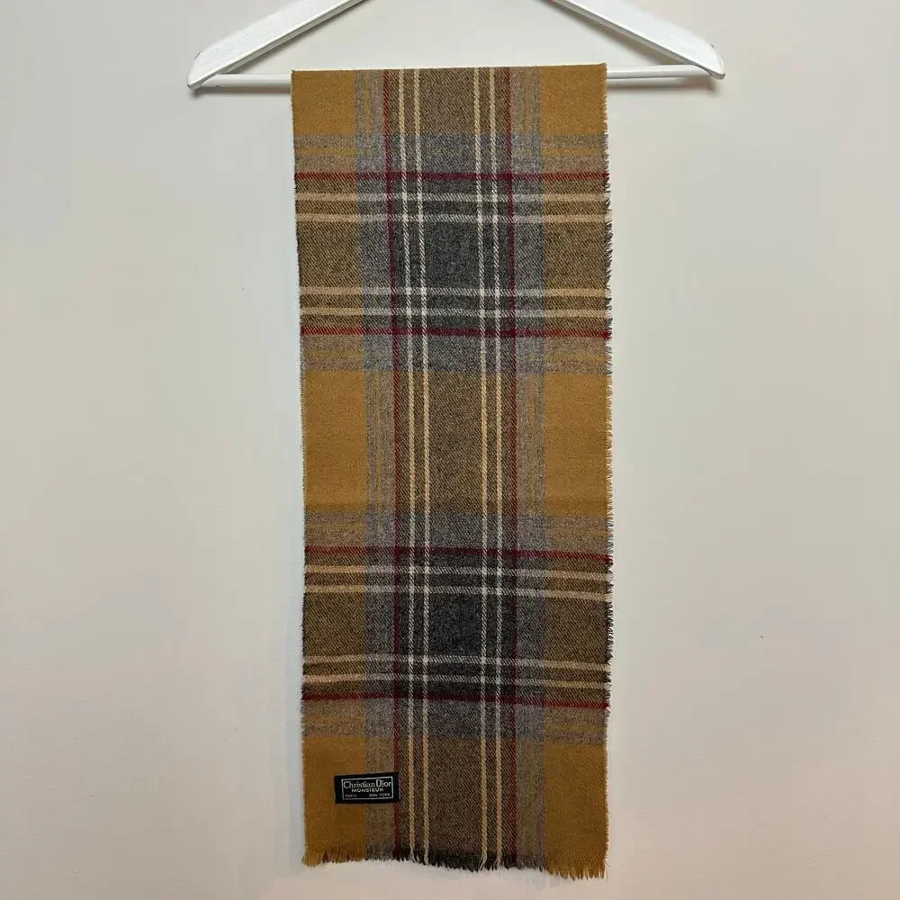 Vintage 1970s Christian Dior Plaid Scarf Brown Grey Burgundy Tartan